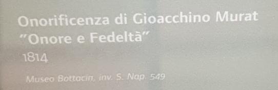 Cartellino espositivo: «Onorificenza di Gioacchino Murat – Onore e Fedeltà, 1814», Museo Bottacin, inv. S. Nap. 549.