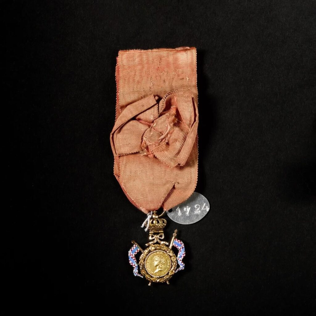 Medaglia con il profilo di Napoleone entro cornice dorata, corona e bandiere incrociate; nastro rosa.