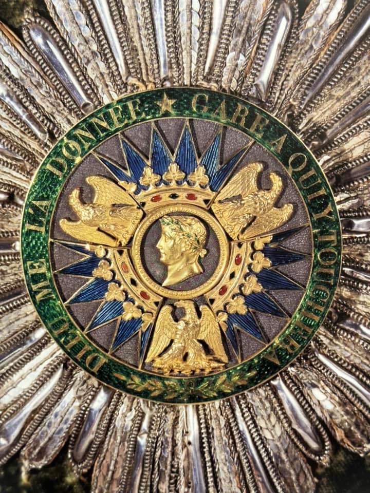 Placca da Gran Croce nella versione francese del motto: «DIEU ME L'A DONNÉE, GARE À QUI Y TOUCHERA», cerchio smaltato verde.